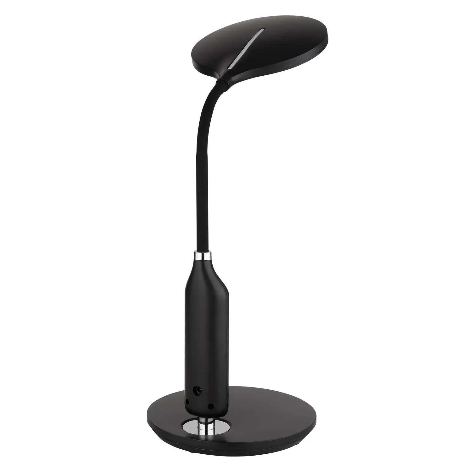 Schwarze LED-Tischleuchte Fruggy mit Flexarm, Touchdimmer und Memoryfunktion.