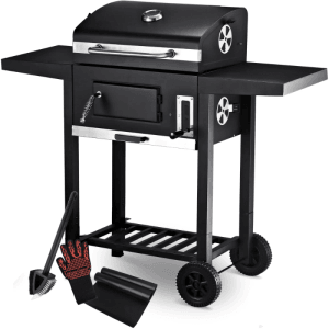 DELUKE Holzkohlegrill mit Deckel OLLI mit Grillmatte Bürste Handschuhe Grillwagen Edelstahl-Griff Standgrill Kohlegrillwagen