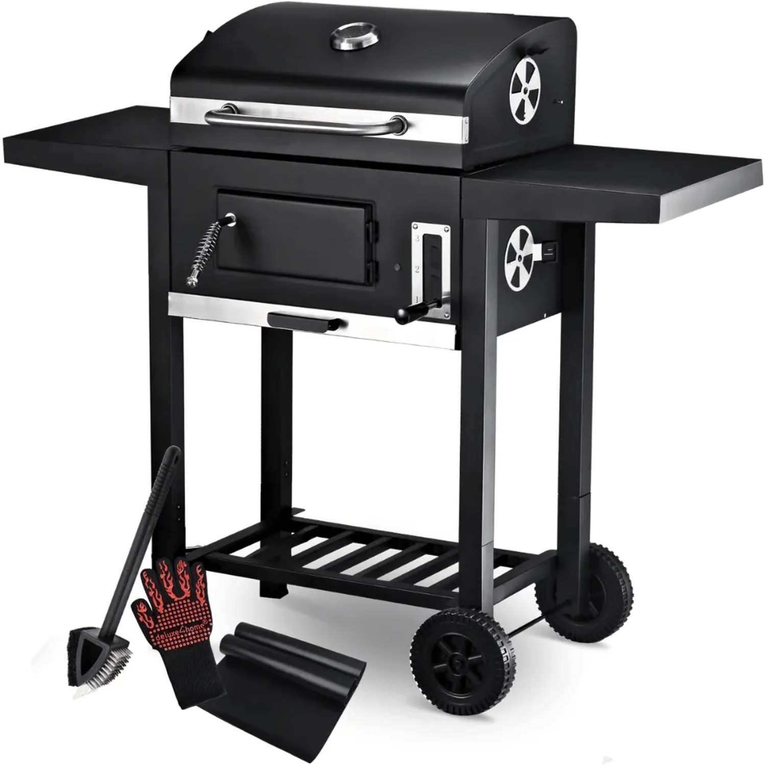 DELUKE Holzkohlegrill mit Deckel OLLI mit Grillmatte Bürste Handschuhe Grillwagen Edelstahl-Griff Standgrill Kohlegrillw...
