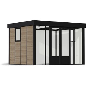 Modernes Palram Canopia Gerätehaus mit WPC-Verkleidung und großen Glasflächen.