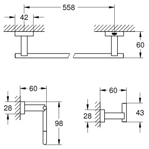 Technische Zeichnung: Grohe Bad-Set 3 in 1 Essentials Cube mit Maßen für Bademantelhaken, WC-Papier- und Badetuchhalter.