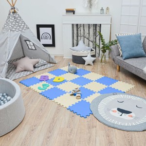 LittleTom Puzzlematte, 18-teilig, blau-beige. Weiche Spielmatte für Babys und Kinder im Kinderzimmer.