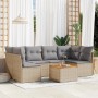 Beige 7-tlg. Garten-Sofagarnitur aus Rattan mit hellgrauen Kissen und Tisch.