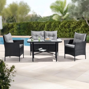 Schwarze Svita Dallas Rattan-Lounge Sitzgruppe mit Esstisch und grauen Polstern für den Garten.
