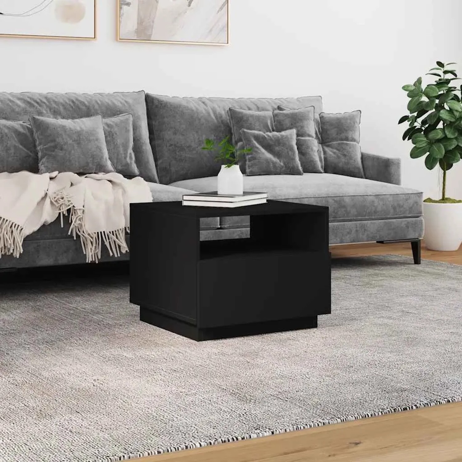 Moderner schwarzer Couchtisch mit LED-Leuchten aus Holzwerkstoff. Ideal für Wohnzimmer, 50x49x40 cm.