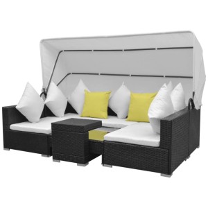 Schwarzes 7-tlg. Garten Lounge Set mit Sonnendach aus Polyrattan. Gartenmöbel mit cremeweißen und grünen Kissen.