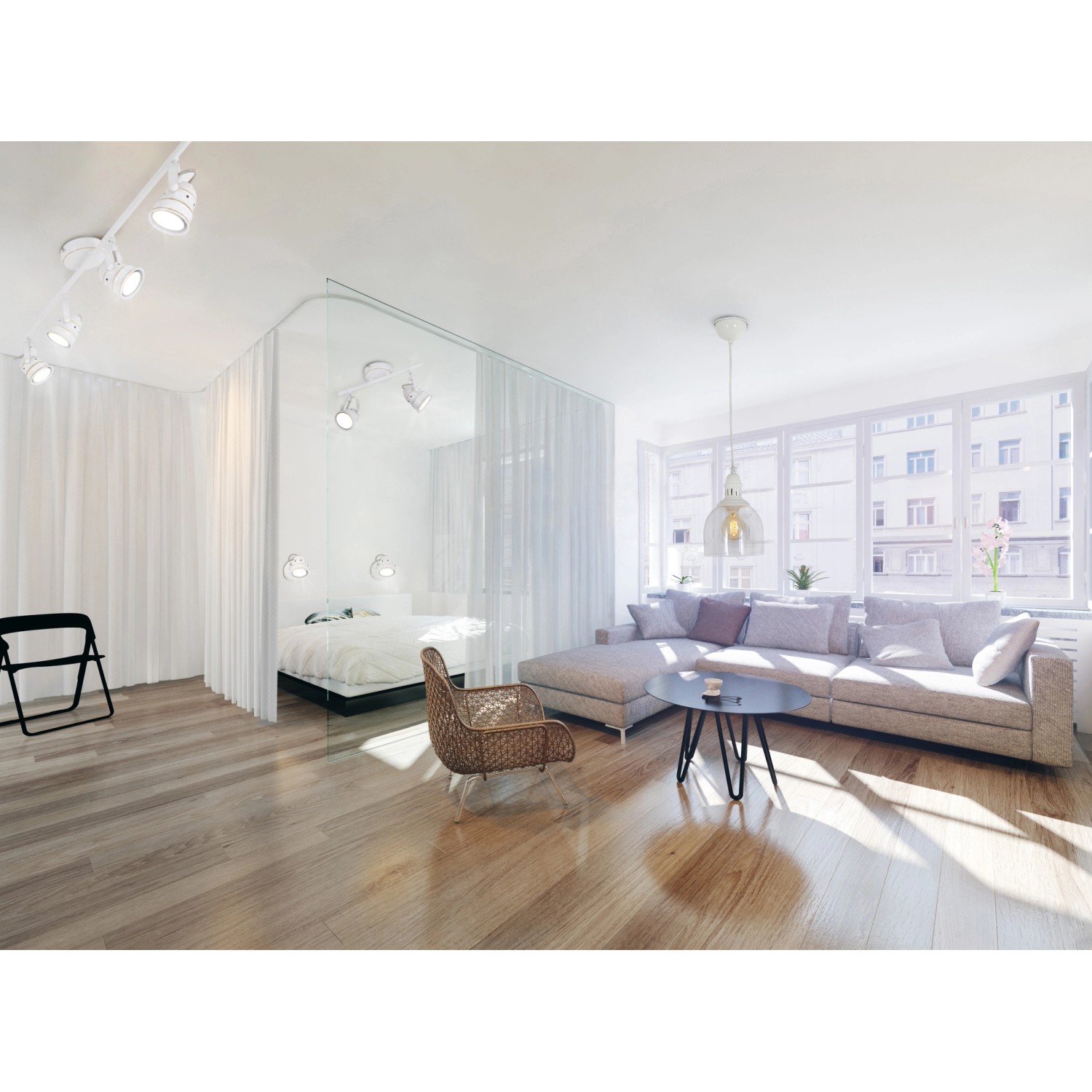 Näve LED-Spot Agona 2er, weiß antik, im modernen Wohnraum mit Sofa und Bett.