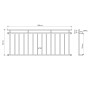 Technische Zeichnung: Französischer Balkon aus Stahl, 184x90 cm, mit 14 Füllstäben und detaillierten Maßen für Fenstersicherung.