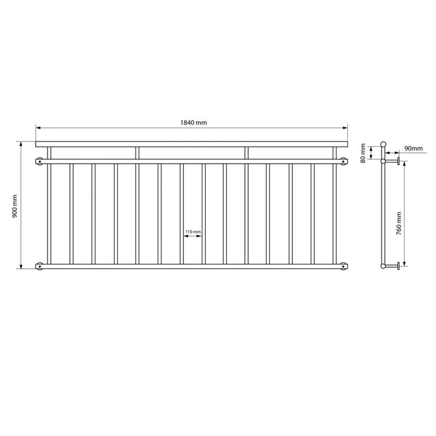 Technische Zeichnung: Französischer Balkon aus Stahl, 184x90 cm, mit 14 Füllstäben und detaillierten Maßen für Fenstersicherung.