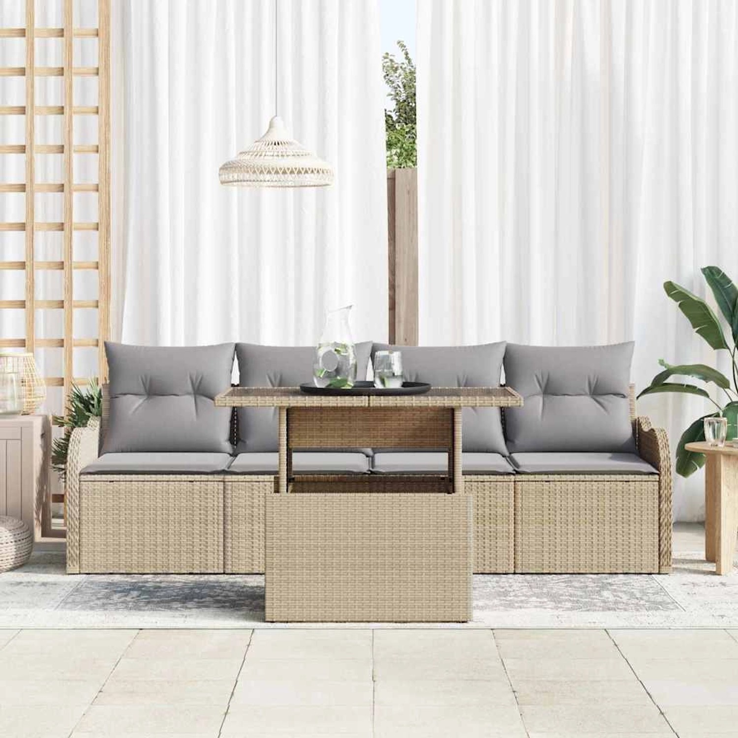 vidaXL Garten-Sofa-Set mit Kissen 5-Tlg Beige Poly Rattan 3348366 günstig online kaufen