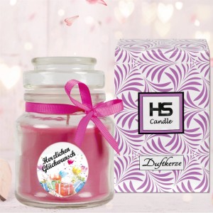 HS Candle Duftkerze Happy Birthday im Glas mit Schleife und Geschenkverpackung.