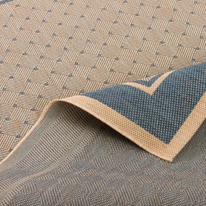 Blauer Ruggy Kurzflorteppich mit Karo-Bordüre, 120x170 cm, Flachgewebe.