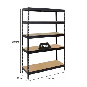 Schwarzes PROREGAL Schwerlastregal mit 5 Böden, 180x120x45 cm, Fachlast 250 kg, Stecksystem.