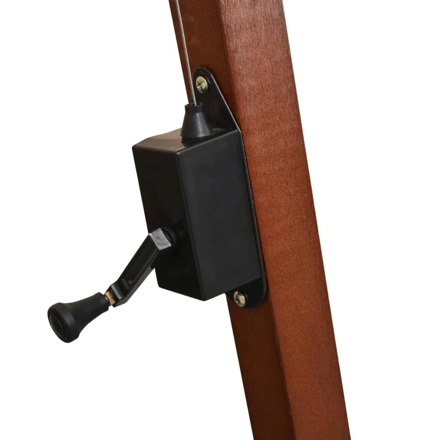 Detailaufnahme: Schwarzer Ampelschirm-Mechanismus mit Kurbel am Holzständer.