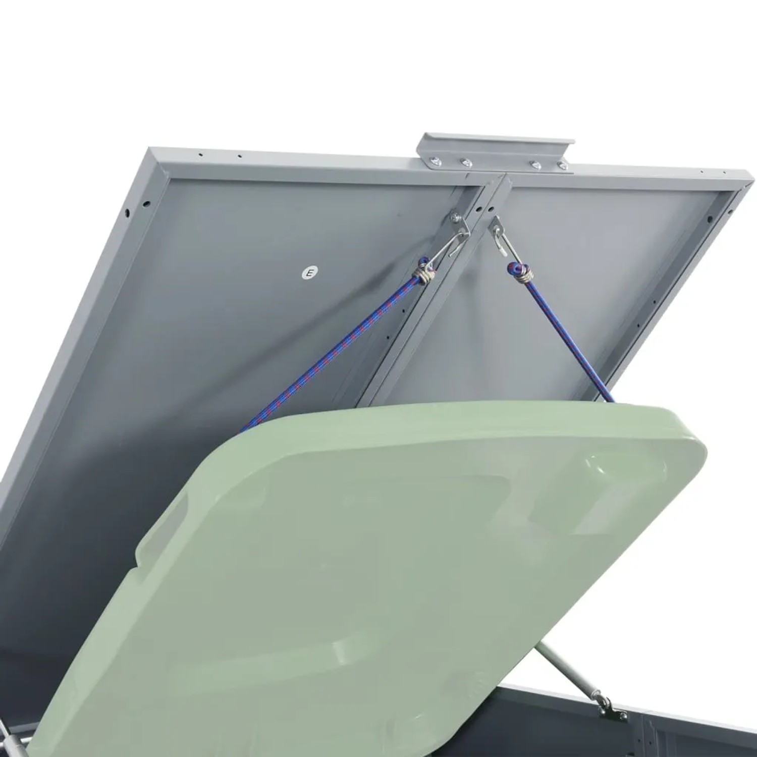 Detailaufnahme des Deckelmechanismus der grauen vidaXL Mülltonnenbox für 3 Tonnen.