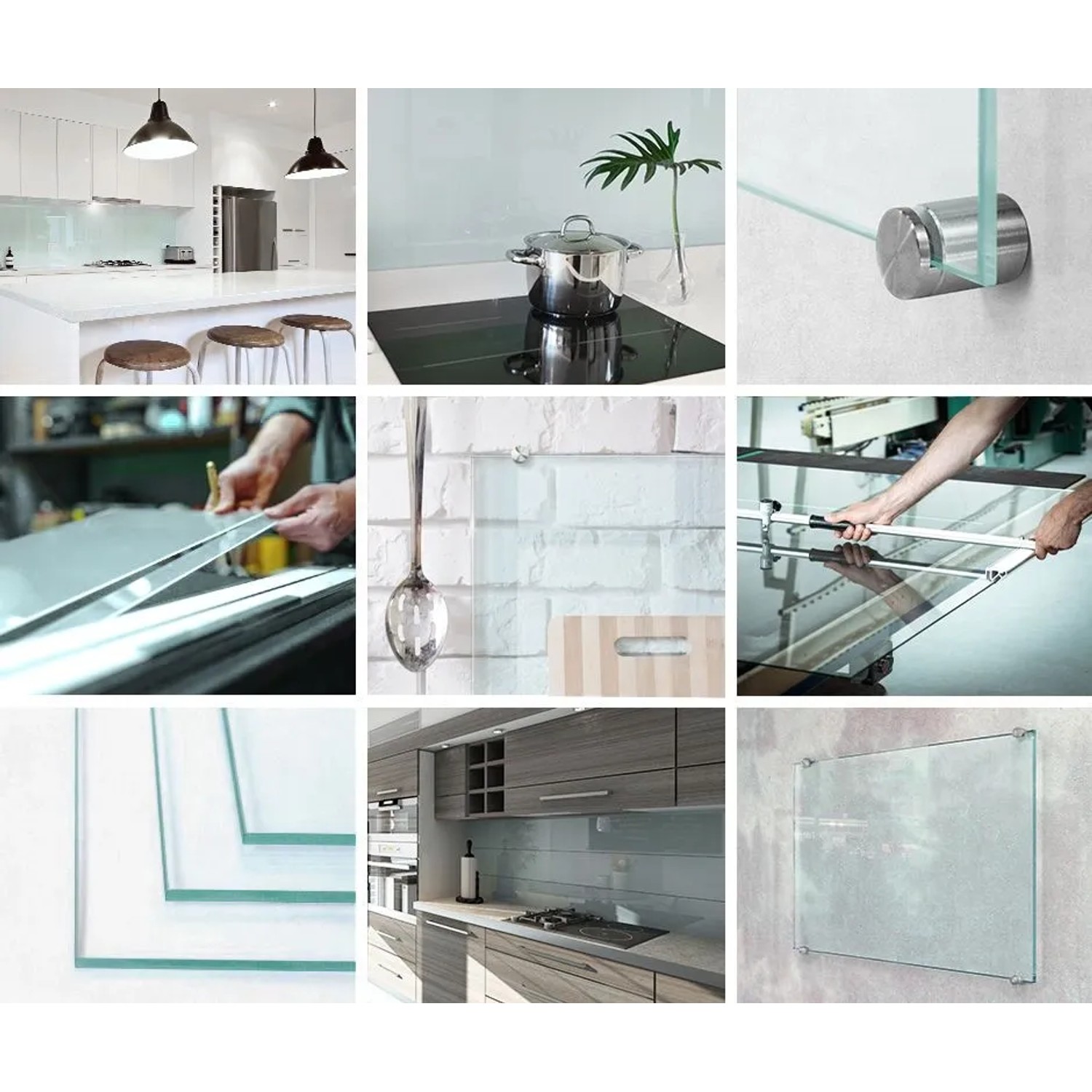 Collage: Transparente Glas Küchenrückwand als Herdabdeckung, verschiedene Größen und Montagevarianten.