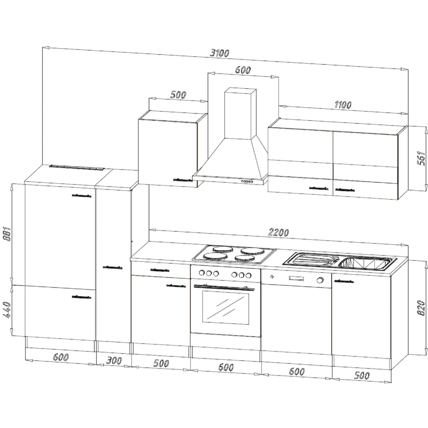 Respekta Küchenzeile KB310ESWC in Weiß-Eiche Sägerau Nachbildung, 310 cm breit.