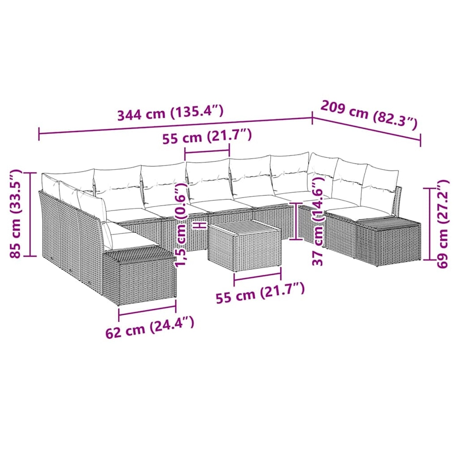 Schwarzes 11-teiliges vidaXL Garten-Sofa-Set aus Poly Rattan mit Kissen und Tisch, Maße eingezeichnet.