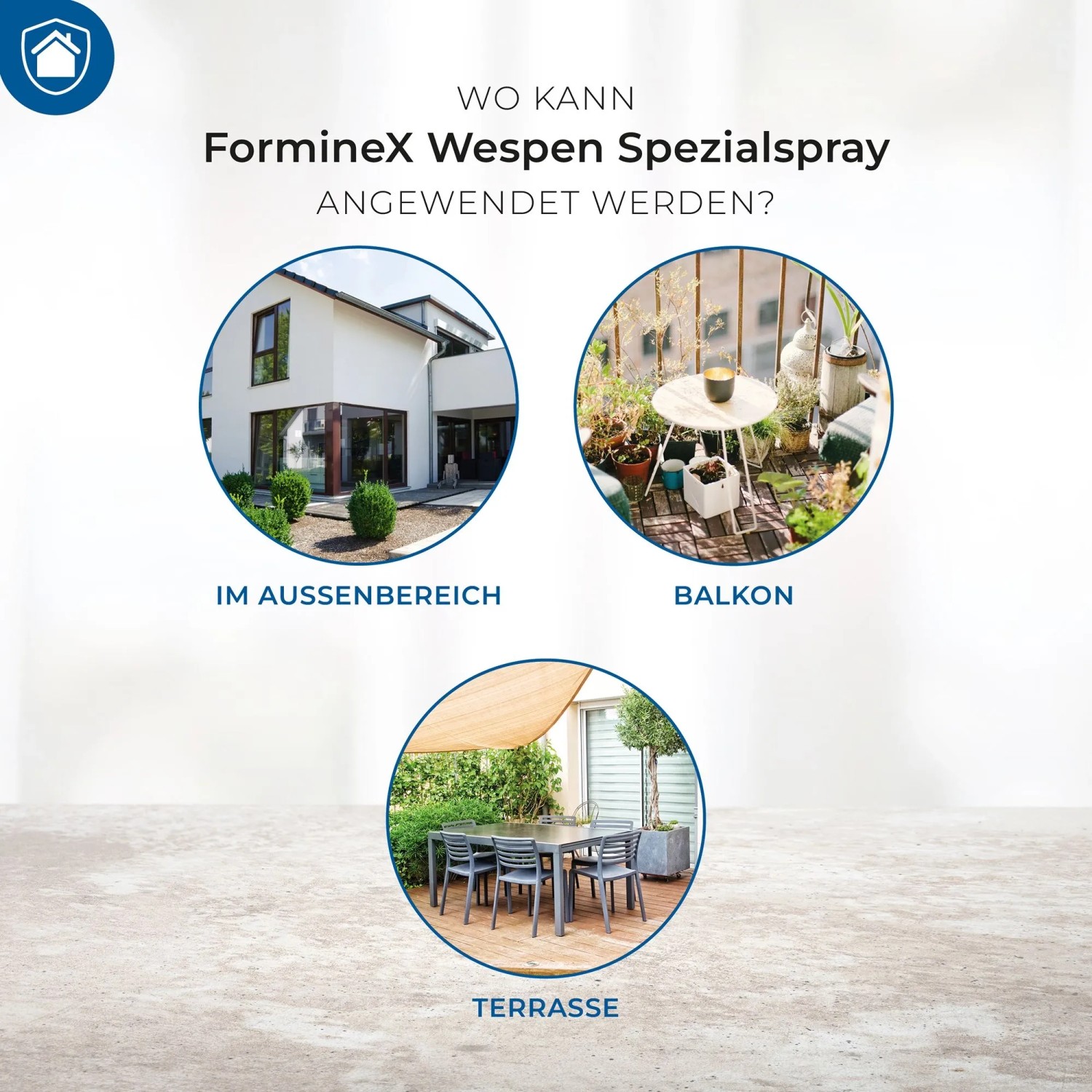 Anwendungsbereiche des FormineX Wespen Spezialsprays: Außenbereich, Balkon und Terrasse.