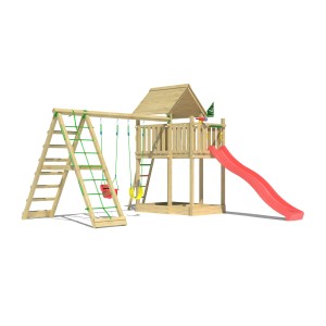 Jungle Gym Spielturm mit Doppelschaukel, Kletterbock und roter Rutsche. Holz naturbelassen.