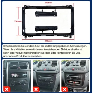 Schwarzer Autoradio-Einbaurahmen für Mercedes B200 mit Maßen und Hinweisen zur Inkompatibilität mit Konsolen.