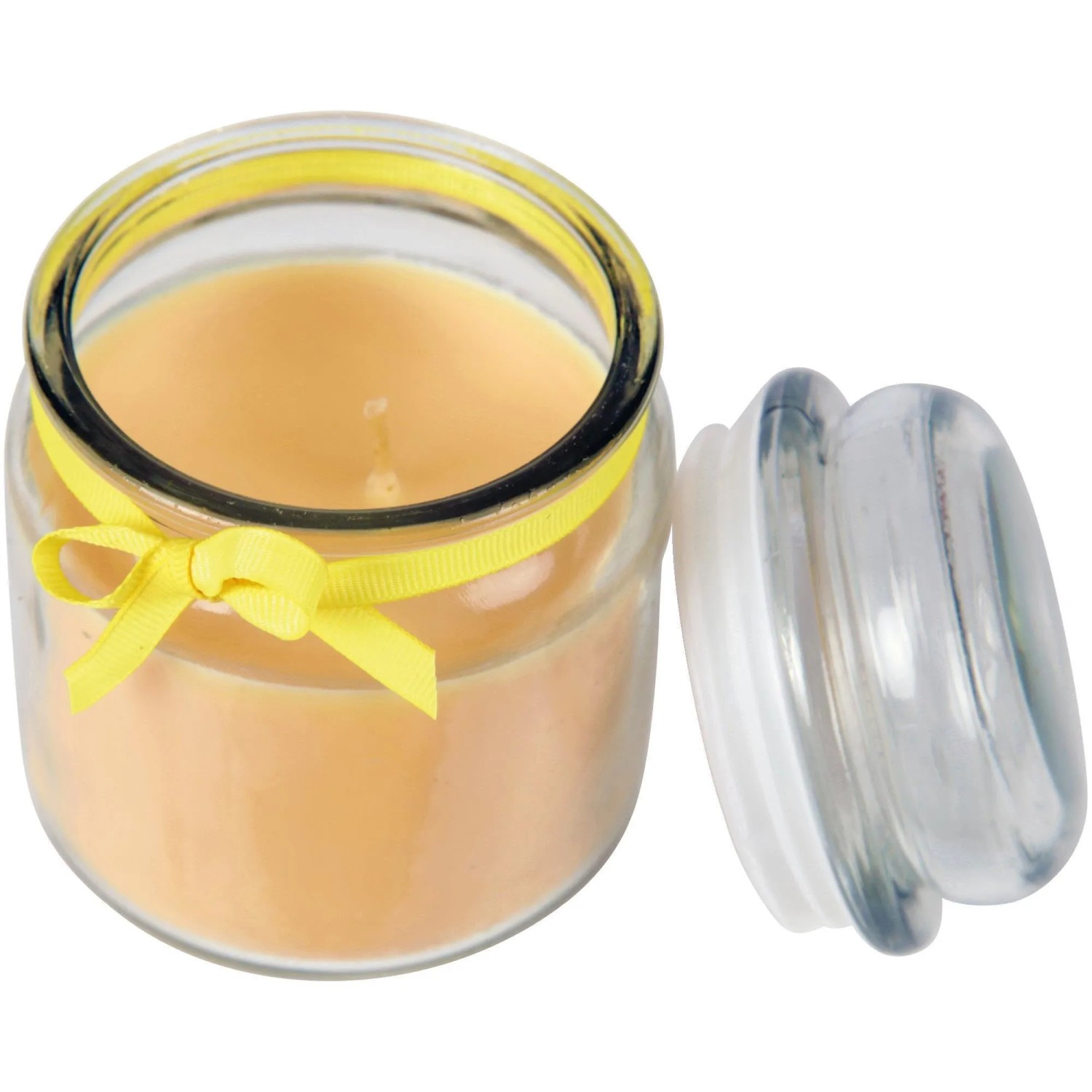 HS Candle Duftkerze Vanille im Glas (Ø9cm) mit gelbem Band und Glasdeckel.