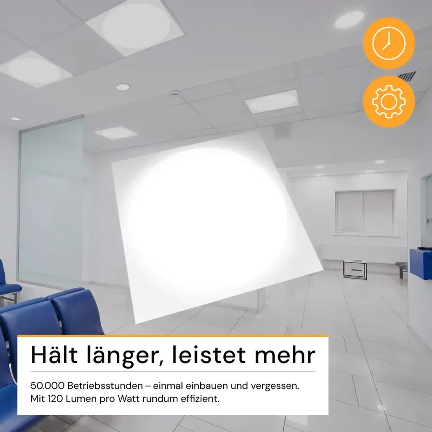 ENOVALITE LED Panel Rasterleuchte in Büroumgebung. Runde Lichtfläche, neutralweißes Licht. Deckenleuchte für Rasterdecken.