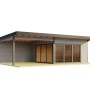 Modernes, lichtgraues Lasita Maja Ferienhaus Domeo mit Anbau und großen Glasfronten.