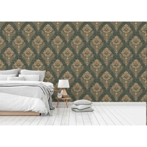 Grüne Vliestapete mit goldenem Barock-Ornamentmuster in einem Schlafzimmer. Ideal für dekorative Wandgestaltung.