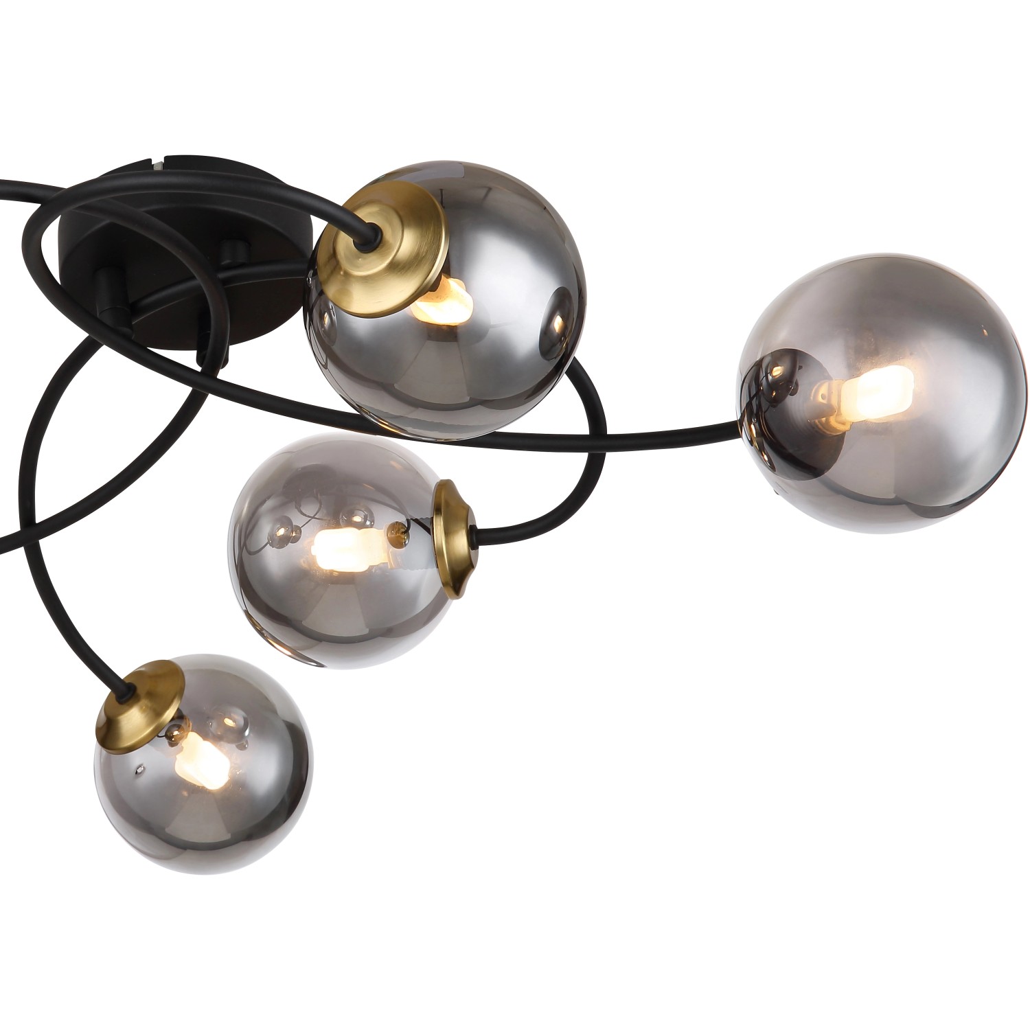 Moderne Globo Deckenleuchte Jorge, 6-flammig, schwarz matt mit rauchfarbenen Glaskugeln.