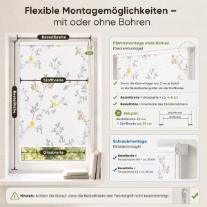 Sekey Seitenzugrollo ohne Bohren Verdunkelungsrollo Sichtschutzrollo Vogel Gelb auf Weiss 80x130cm