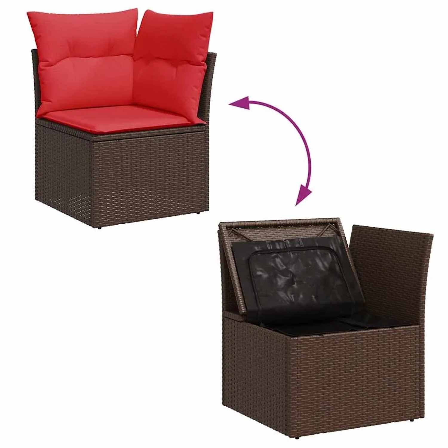 Braune Rattan Garten-Sofagarnitur mit roten Kissen und Stauraum unter der Sitzfläche.