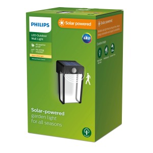 Verpackung der Philips Shroud Solar-Wandleuchte mit Bewegungssensor, Solar-Wandleuchte für den Außenbereich.