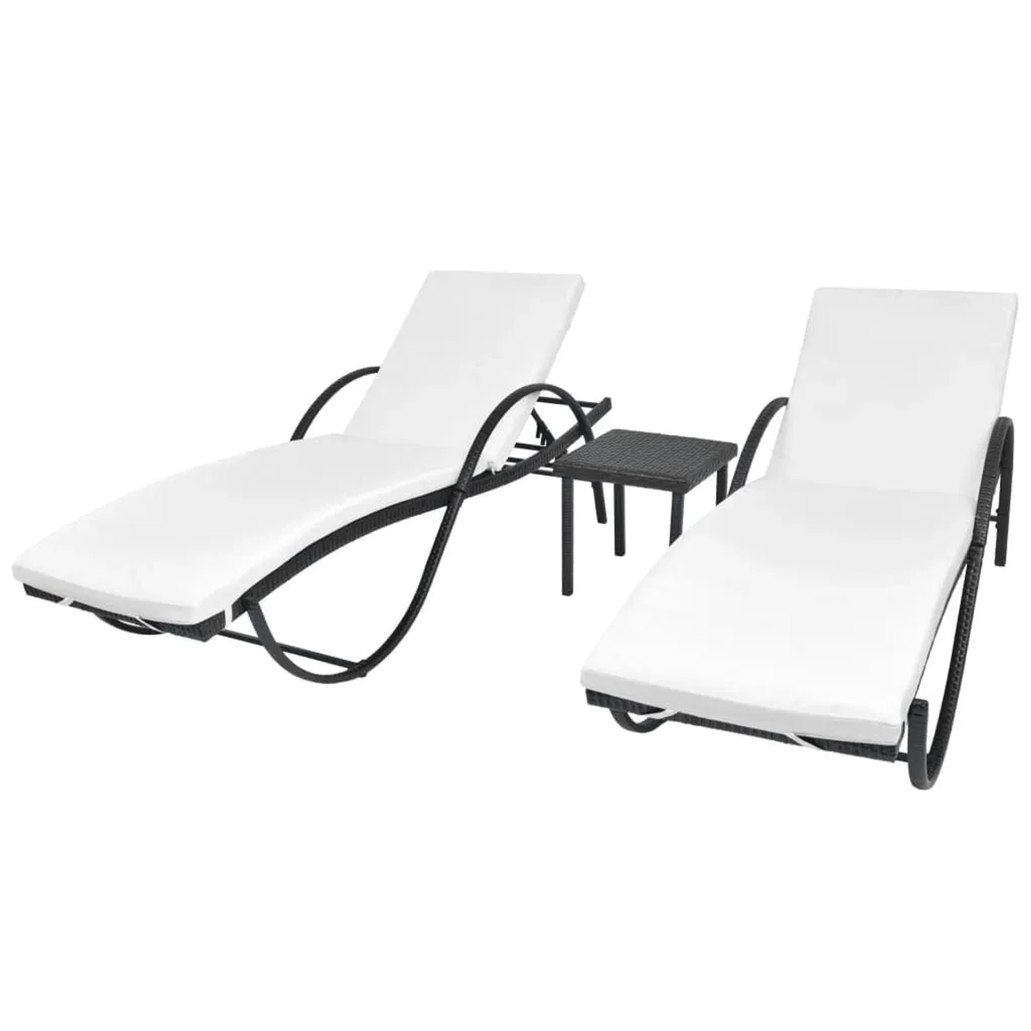Furnicato Sonnenliegen-set 2 Stk Mit Beistelltisch Pe-rattan Schwarz 193x64x56 Cm Kissen Cremeweiß