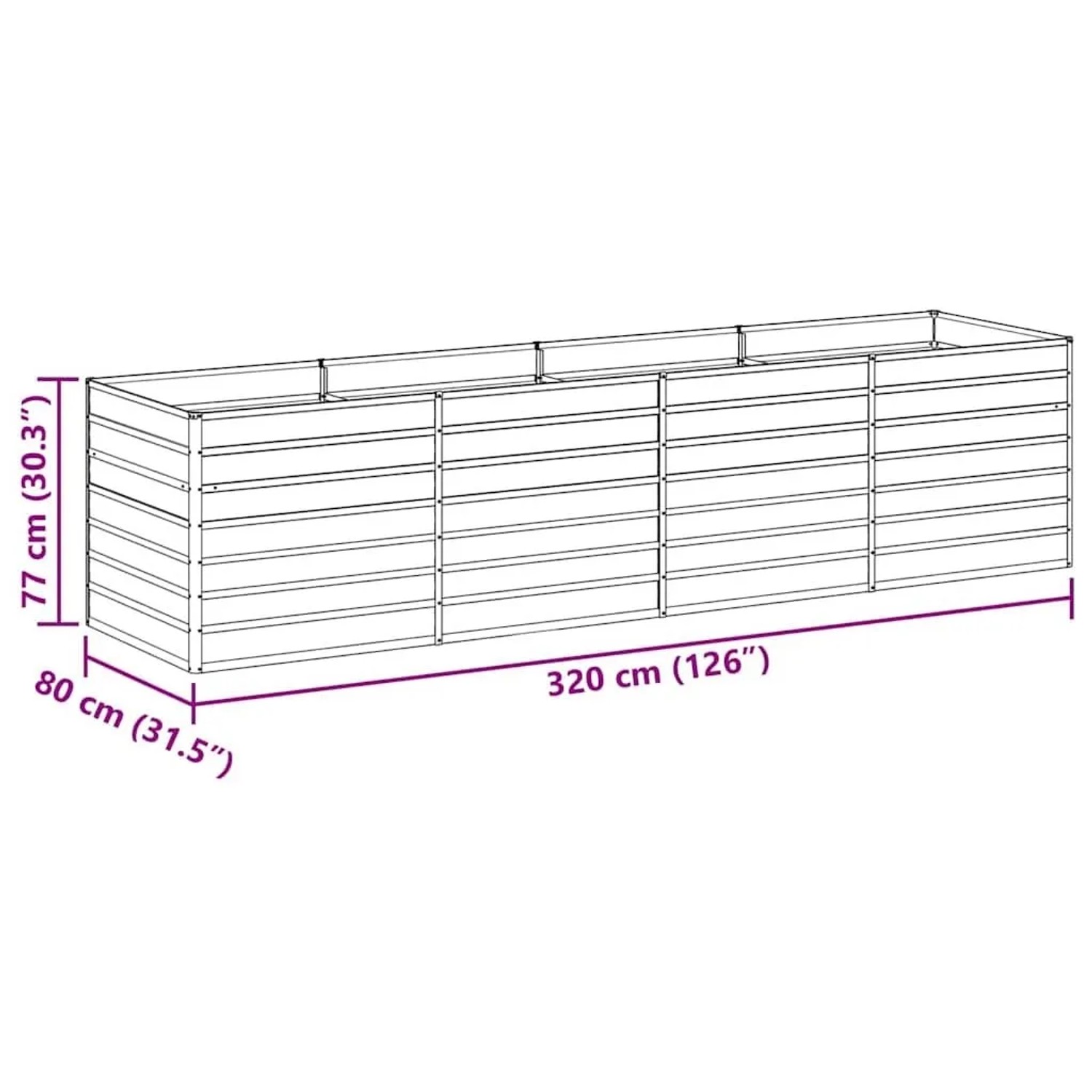 Skizze des vidaXL Hochbeets aus hellbraunem verzinktem Stahl, 320x80x77 cm. Ideal für Garten & Terrasse.