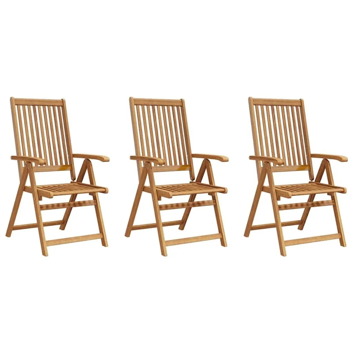 Drei klappbare Gartenstühle aus Akazien-Massivholz, ölbehandelt, mit Lattenrost und Armlehnen. Ideal für Garten & Terrasse.