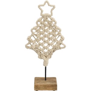 Beige Makramee Deko-Tanne aus Mangoholz, 24 cm, für weihnachtliche Dekoration.