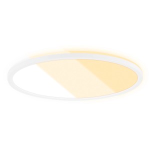 Flache, runde, weiße Brilo LED Deckenleuchte mit Backlight und Farbtemperatursteuerung.