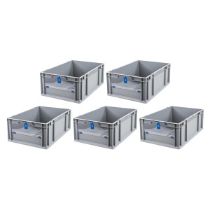 Sparset: 5 graue Euroboxen mit blauem Deckel, 44 Liter, für Lagerung und Transport.
