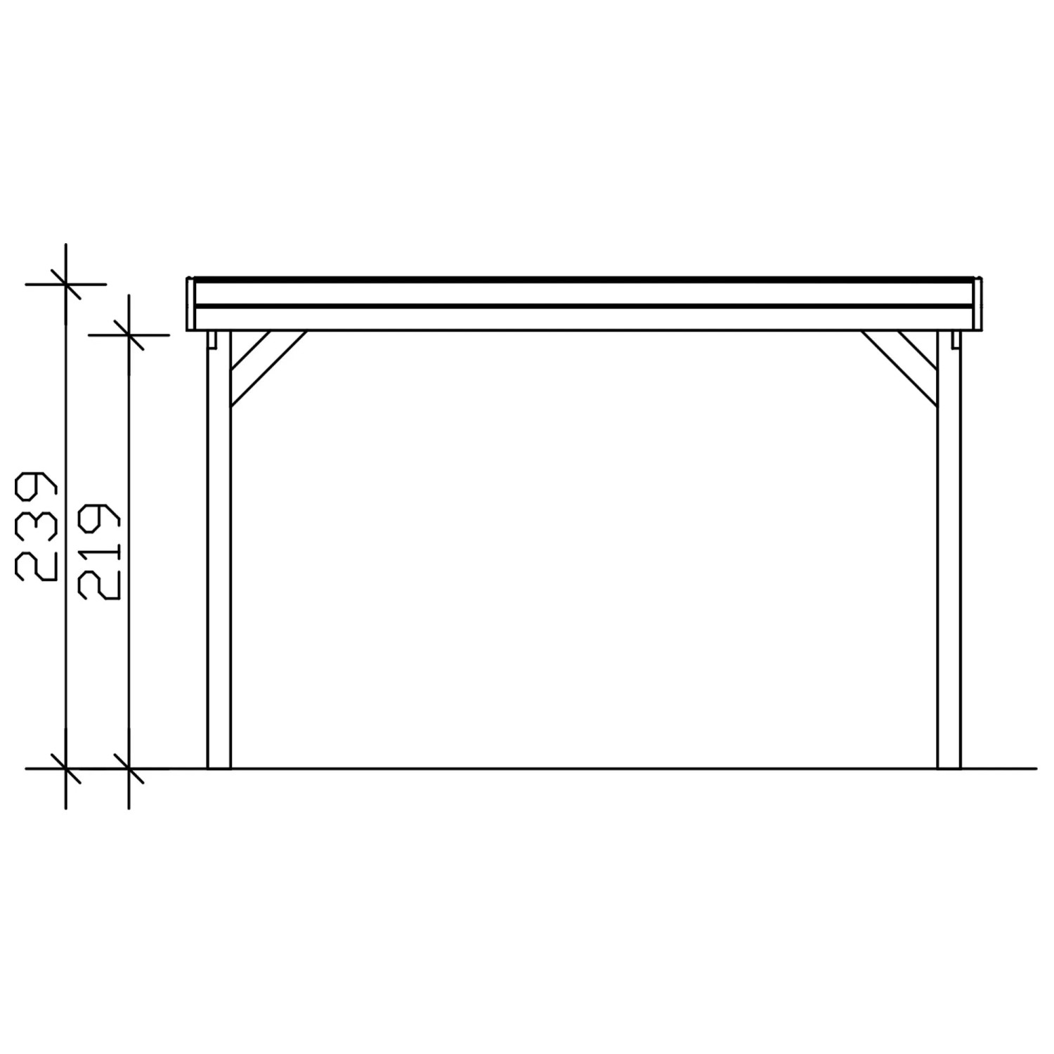 Seitenansicht des Skan Holz Flachdach-Carports Friesland mit Höhenmaßen: 239 cm Gesamthöhe, 219 cm Durchfahrtshöhe.