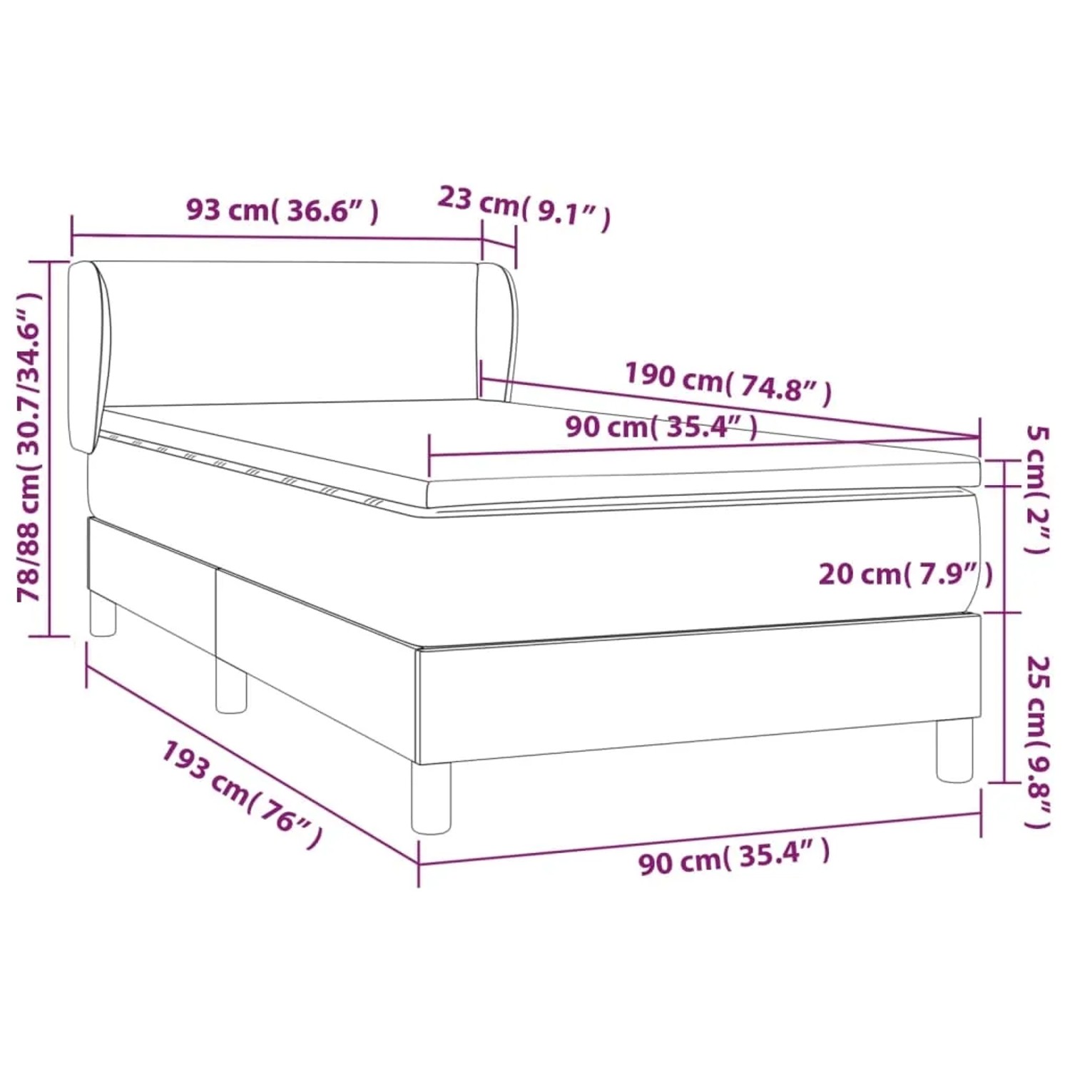 vidaXL Boxspringbett dunkelblau (90x190 cm) mit Matratze, Maße sind eingezeichnet.