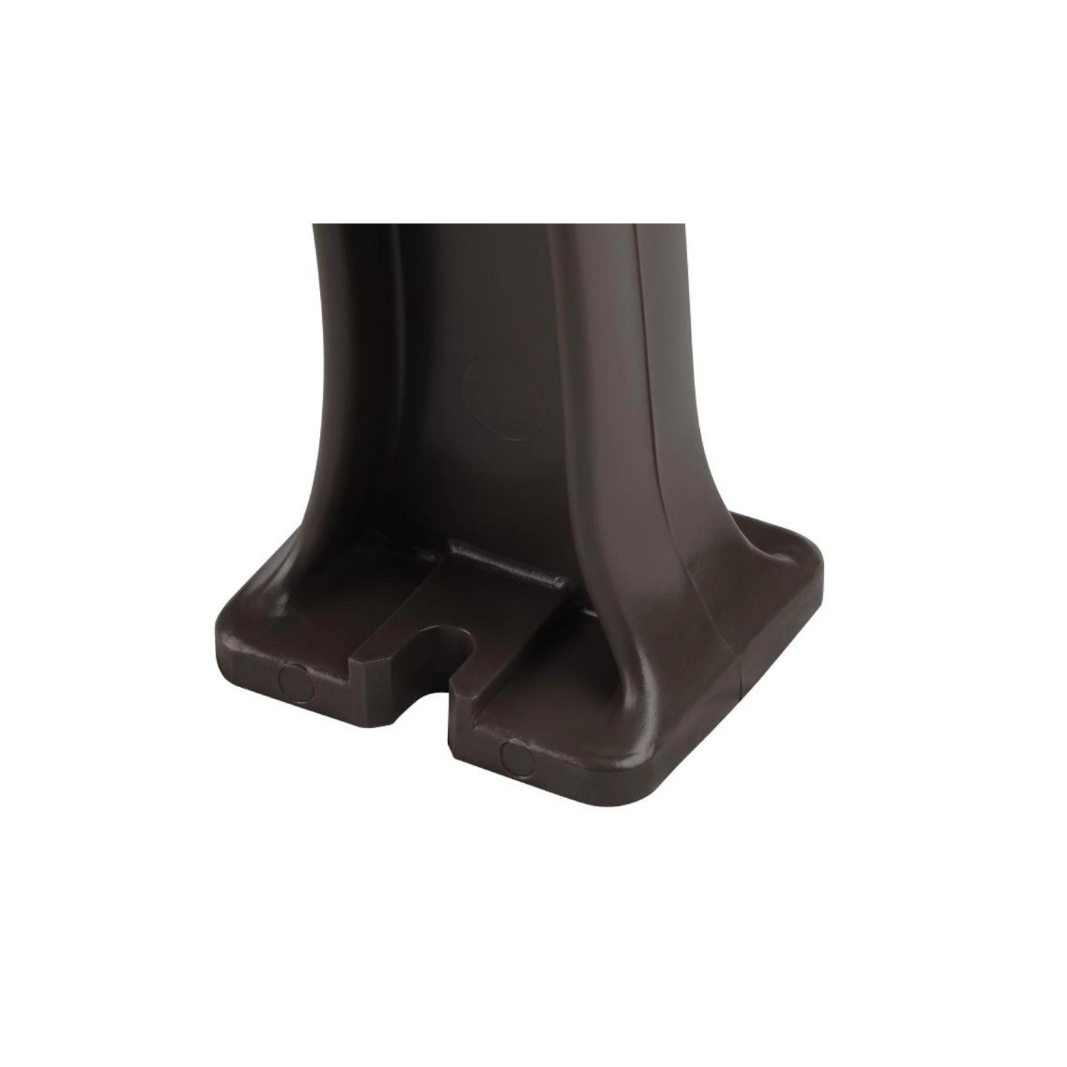 Detailaufnahme Fuß der braunen PROREGAL Gartenbank Antigua, Kunststoff, zur Bodenbefestigung vorbereitet.