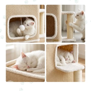 Beiges 2-Etagen Katzenhaus aus MDF, Polyester, Sisal. Zeigt Katze beim Spielen mit Ball, Kratzstamm und Schlafen.