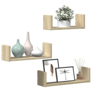 Set aus 3 U-förmigen Wandregalen in Sonoma-Eiche Optik aus Holzwerkstoff, dekoriert mit Pflanzen und Vasen.