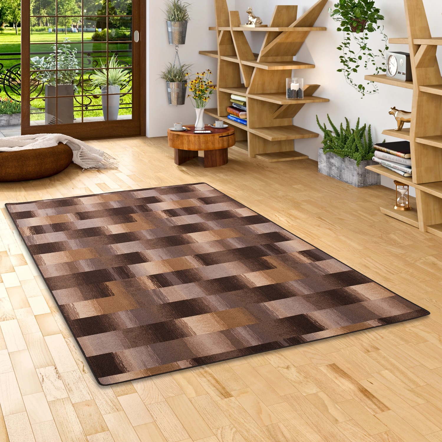 Snapstyle Velour Teppich Mystic Karo Braun, 200x200cm. Kurzflorteppich mit modernem Karomuster.