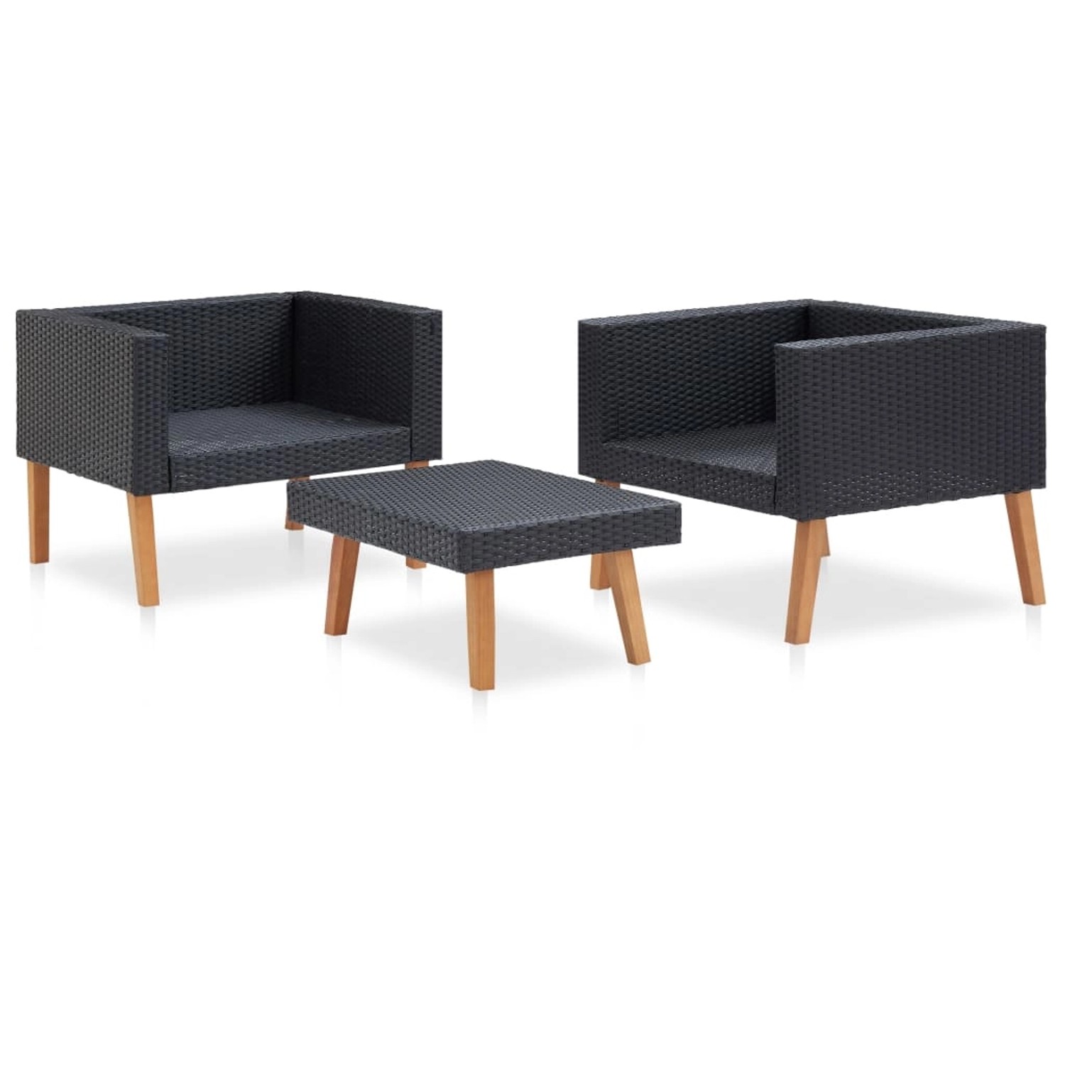 vidaXL 3-Tlg. Garten Lounge Set aus Rattan in Schwarz mit Tisch und zwei Sesseln.
