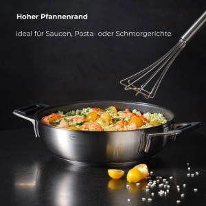 RÖSLE Servierpfanne SILENCE PRO, Ø 28 cm, mit Speisen und Schneebesen.