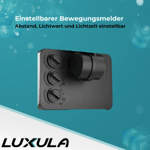 LUXULA LED Fluter: Detailansicht des einstellbaren Bewegungsmelders mit Drehreglern.