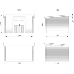 Technische Zeichnung Palmako Gartenhaus Alice, braun, 338x276 cm, kesseldruckimprägniert, FSC®-zertifiziert.