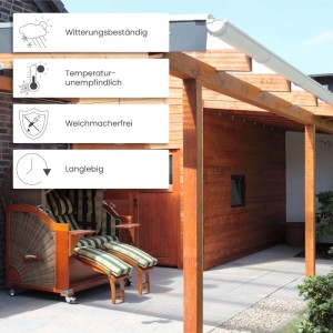 Grauer Inefa PVC Einhangstutzen für halbrunde Dachrinnen an Holzkonstruktion. Witterungsbeständig, langlebig, weichmacherfrei.